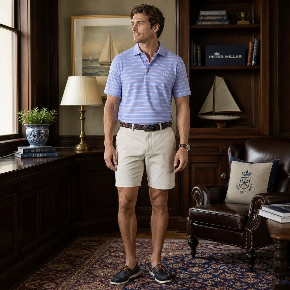 PETER MILLAR Men's Summer Comfort Polo Shirt LARGE‎ Striped Blue Pink Stretch